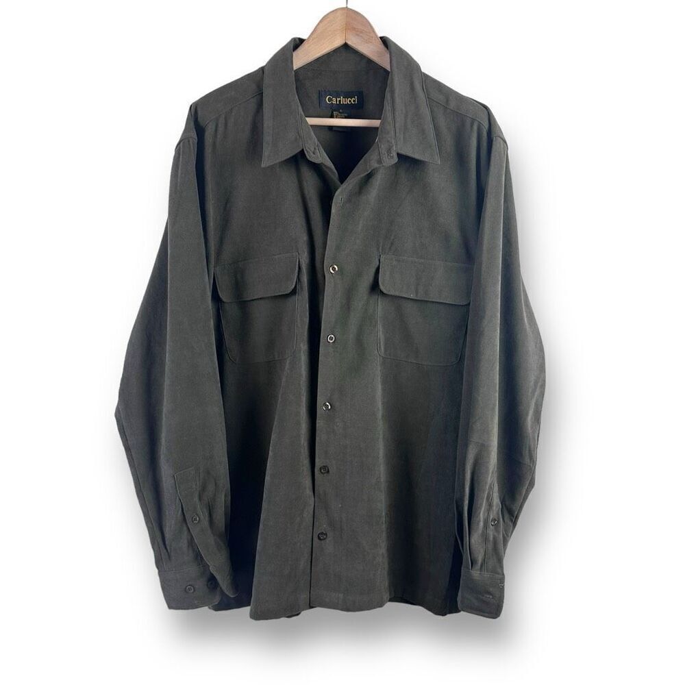 Carlucci Men's L Button Front Shirt Jacket‎ Olive Green Faux Suede
